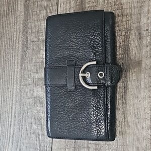 Talbots Black Pebbled Leather Accordion Clutch Buckle Accent Wallet